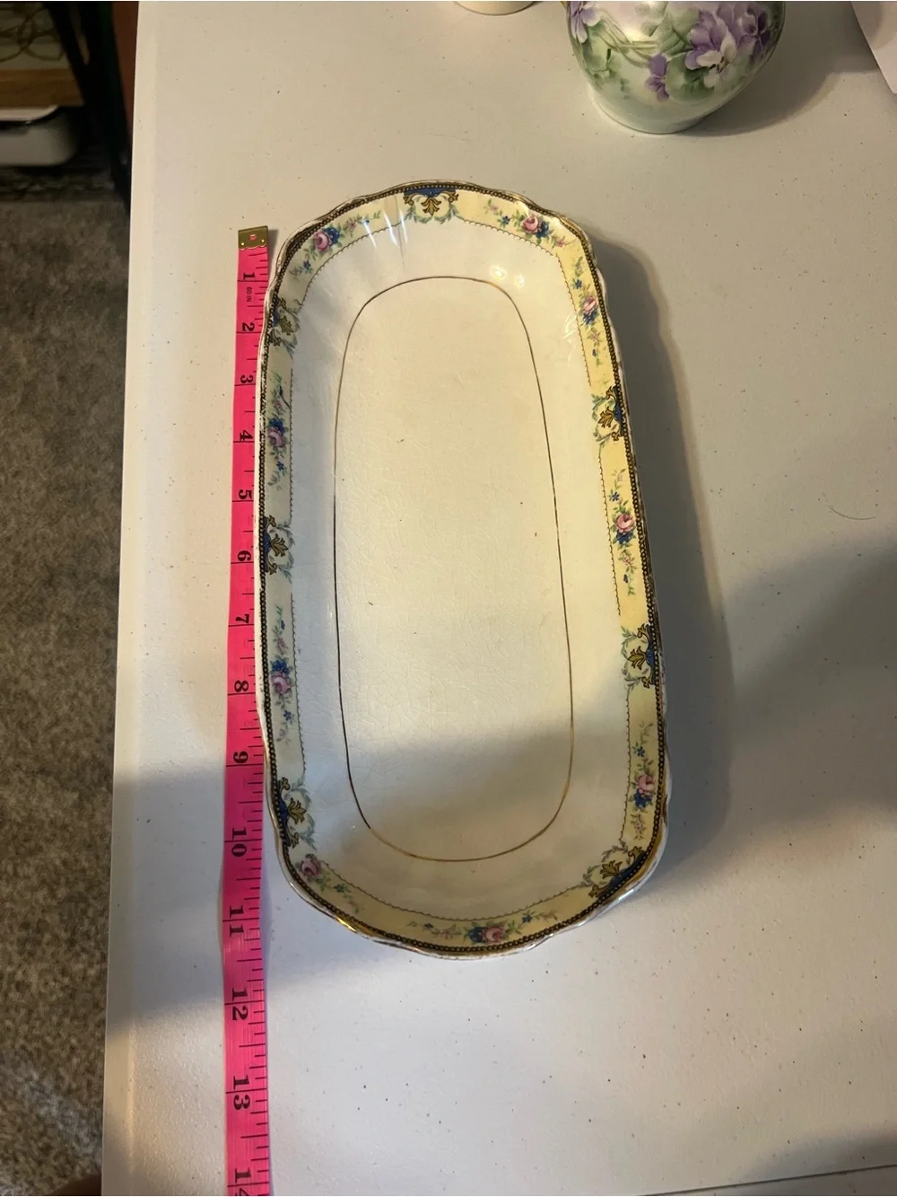 Vintage Floral Ceramic Trinket Tray or Relish Dish Cream with Pink Rose Accents